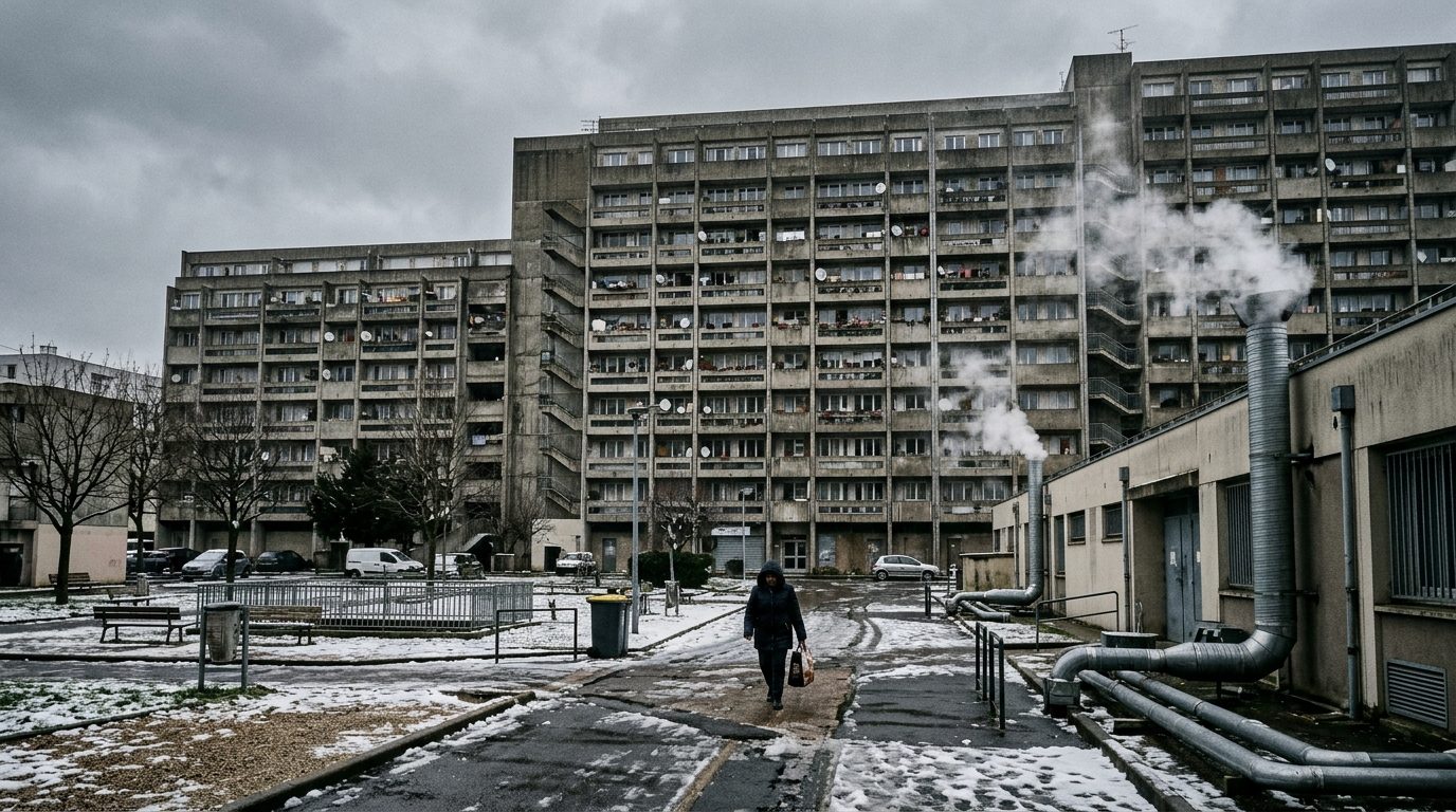 Grands ensembles d'immeubles sous un ciel d'hiver avec de la vapeur s'échappant des canalisations de chauffage urbain