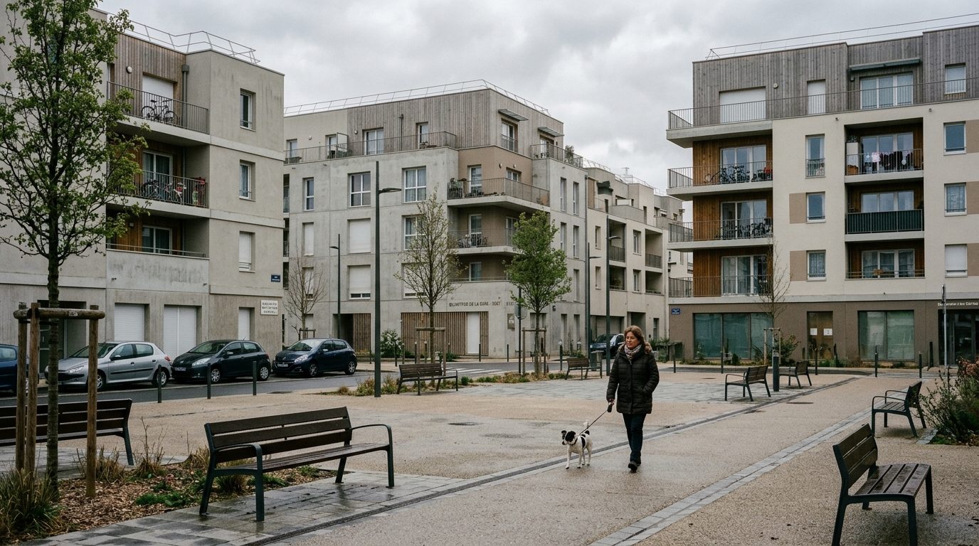Vue des immeubles et de l'espace public dans un quartier populaire d'Aulnay-sous-Bois